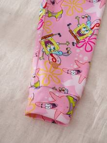 SpongeBob SquarePants | SHEIN 2pcs Themed Round Neck Short Sleeve Top And Pants Pajama Set For Young Girls - Pink - View 7