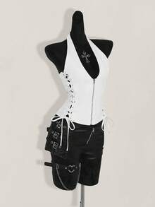 SHEIN ICON Áo tank top nữ mùa hè kiểu Y2K cổ chữ V, thích hợp đi dự tiệc, hòa nhạc, màu đen, phong cách Gothic gợi cảm, có khoen kim loại, dây đeo chéo bên hông, kiểu yếm. - trắng - Xem 5