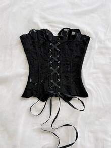 Soleia Áo corset ren hai lớp ôm sát gợi cảm kiểu Âu và Mỹ, áo liền thân thêu rỗng, trang phục dự tiệc đêm màu trắng cho nữ, đi chơi, dự đám cưới, mùa thu - màu đen - Xem 2