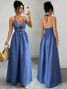 SHEIN Elenzya Women's Summer Casual Sexy Holiday Contrast Color Halter Loose Wide Leg Jumpsuit Beach Vacation Blue Striped - Blue - View 3