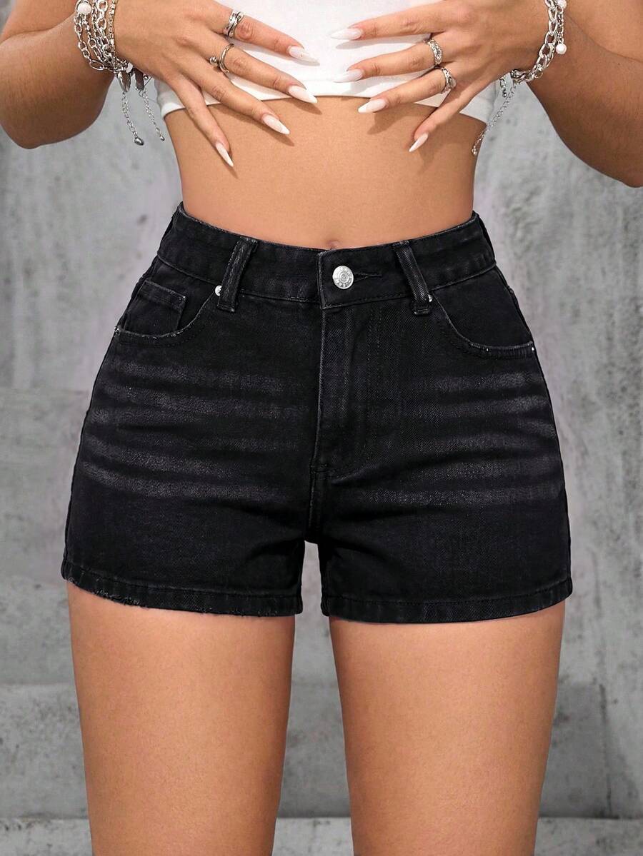 SHEIN PETITE Women's High Waist Pockets Casual Versatile Denim Shorts - Black - View 1