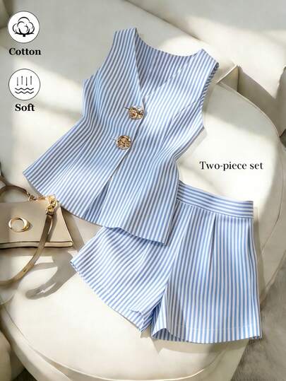 Franclia Conjunto de 2 piezas de top sin mangas con cuello en V a rayas azul y blanco y pantalones cortos de cintura alta, conjunto casual de 2 piezas para mujer, elegante conjunto de top sin mangas azul y blanco + pantalones cortos, conjunto de 2 piezas a rayas casual de verano, conjunto de 2 piezas a rayas azul y blanco, conjunto elegante de 2 piezas para mujer, conjunto casual de viaje, conjunto de verano para mujer, conjunto de 2 piezas, conjunto azul para mujer, conjunto blanco para mujer, conjunto de 2 piezas para mujer