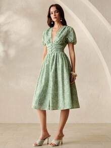 BELROSIE Women's Green Floral Summer Cottage Core Tea Party V-Neck Hollow Embroidery Puff Sleeve Midi Dress,Elegant Vintage Garden Vacation Beach Cardigan - Green - View 4