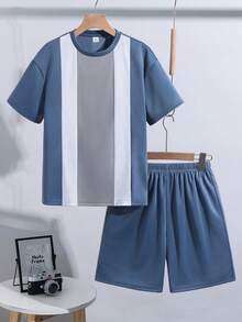 SHEIN 男童条纹圆领短袖T恤和短裤休闲套装 - 藍色 - 查看 5