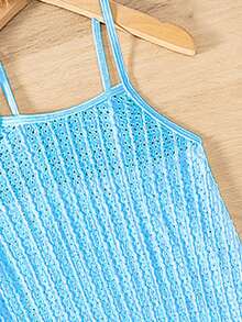 SHEIN Tween Girl Solid Color Casual Beach Cover-Up Slip Dress - Blue - View 3