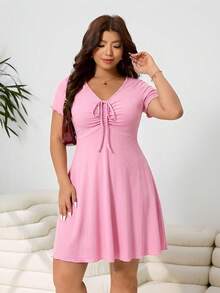 Solflare Plus Size Women's Pink Front Tie Short Sleeve Casual Dress, Spring/Summer - Pink - View 6