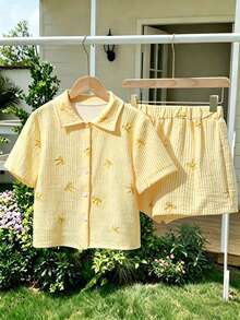 SHEIN Sparklyn 2pcs/Set Girls' Yellow Bow Striped Digital Print Outfit, Shirt Tee And Shorts, Suitable For Commuting And Daily Wear - Yellow - View 1
