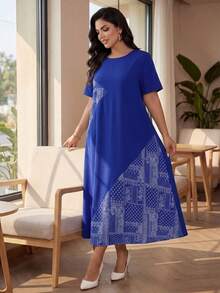 SHEIN Lady CURVE Plus Size Short Sleeve Dress, Fashionable For Summer,Sundress,Summer Dresses For Women - Royal Blue - View 8