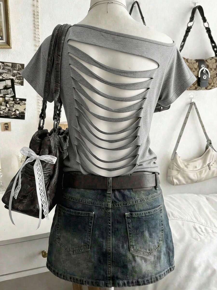Lalippa Áo thun nữ màu trơn, thiết kế bất đối xứng vai, rách nhẹ, phong cách thường ngày đa năng. - Màu Xám nhạt - Xem 1