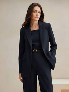 Anewsta Women's Solid Color Long Sleeve Jacket And Pants Formal Suit Set, Commuting Style - Navy Blue - View 4