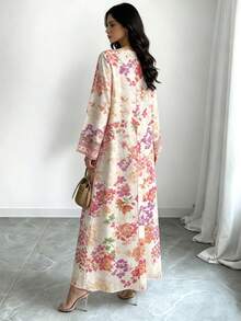 SHEIN Najma 碎花长裙，女士时尚V领长袖连衣裙，女士长款碎花连衣裙，优雅春夏长裙，阿拉伯风格女装 - 彩色 - 查看 2