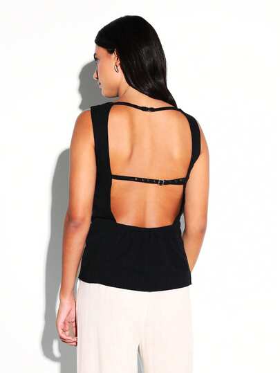 KSTM Blusa de verano casual de punto acanalado con cuello de barco sin mangas y diseño de espalda abierta