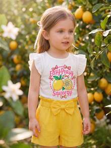 Genkimix Kids Girls Valentines Day Summer New Round Neck Short Sleeve Girl Print Minimalist T-Shirt + Casual Straight Waist Shorts 2pcs Set - Yellow - View 4