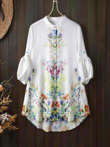 Lacomfia Plus Size Floral Print Casual Vacation Shirt - Multicolor - View 1