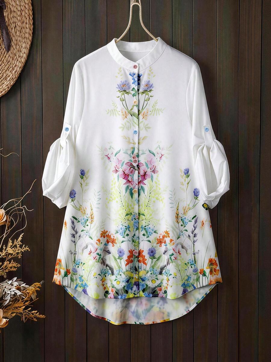 Lacomfia Plus Size Floral Print Casual Vacation Shirt - Multicolor - View 1