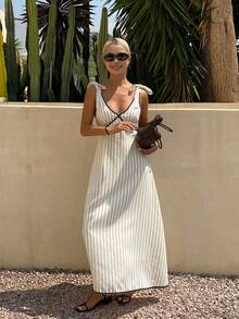 DAZY Vestido de verano elegante para mujer con patchwork a rayas, contraste de color, lazo anudado y espalda descubierta, vestido de sol para vacaciones - Blanco marfil - Ver 6