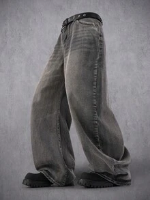 Manfinity Denimwave Y2K复古街头风男士浅蓝色做旧宽松筒状牛仔裤 - 淺灰色 - 查看 3