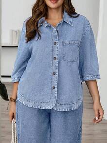 EMERY ROSE EMERY ROSE Plus Size Simple Casual Turn-Down Collar Denim Top Suitable For Daily Wear - Light Wash - View 7