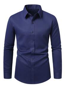 Manfinity Mode Men's Versatile Solid Color Long Sleeve Formal Shirt For Commuting, Ceremony - Navy Blue - View 3