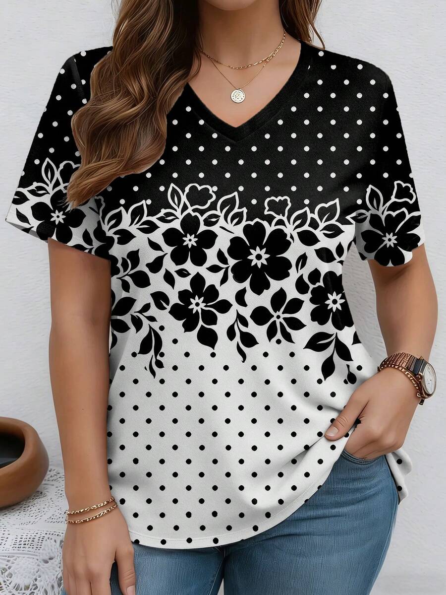 EMERY ROSE Floral Polka Dot Pattern V-Neck Casual Plus Size Short Sleeve T-Shirt - Multicolor - View 1