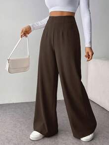 SHEIN Tall CURVE 大码休闲纯色高腰阔腿裤 - 黑色 - 查看 5