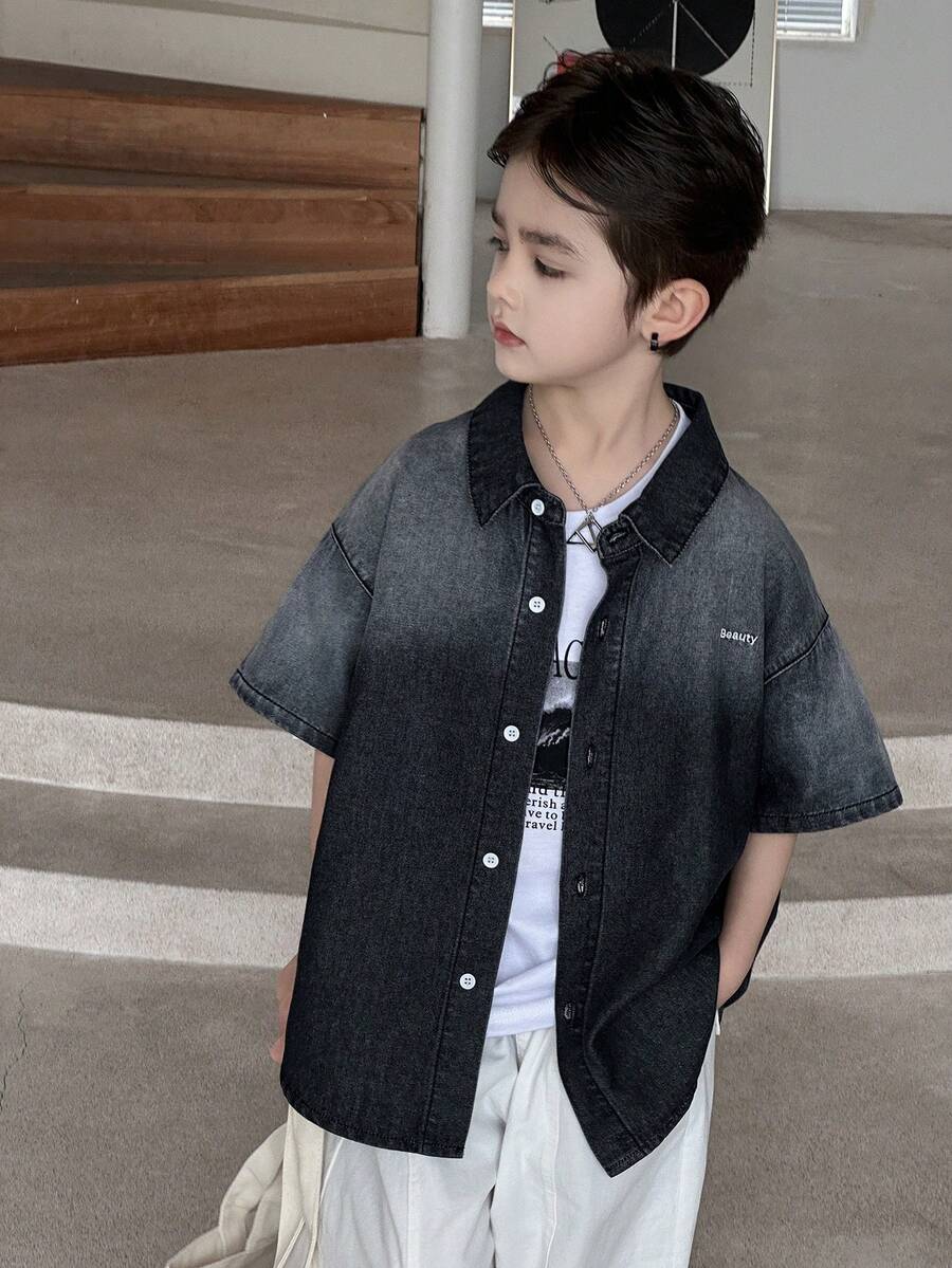 Dazy Kids 青少年男童拼接单排扣休闲百搭日常牛仔夹克 - 黑色 - 查看 1