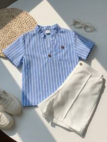 SHEIN LMoss Kids 男童夏季休闲度假及日常通勤条纹印花V领短袖上衣和前缝短裤套装 - 彩色 - 查看 5