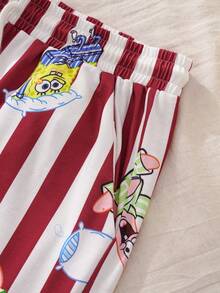 SpongeBob SquarePants | SHEIN 男士多功能条纹撞色单排扣短袖上衣和抽绳腰带口袋长裤睡衣套装， - 紅白色 - 查看 7