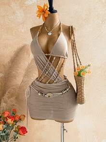Soleia Women's Spring/Summer Printed Mesh Beaded Backless Mini Dress, Perfect For Beach Vacation Vacation And Pool Party. Travel Taupe Tropical - Grey - View 9