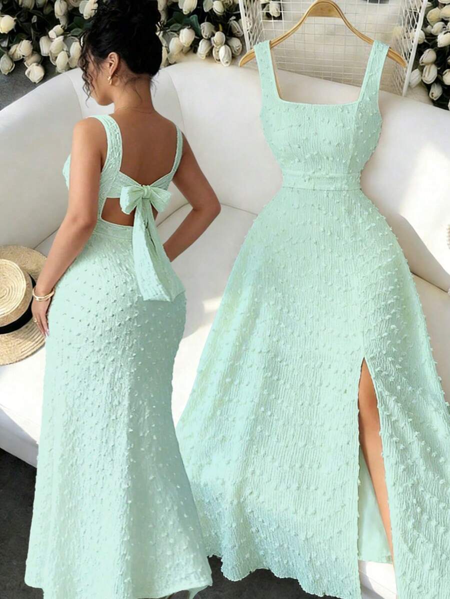 Elenzga Đầm dệt kim không tay cổ vuông mới, thiết kế hở lưng thắt nơ, đầm dự tiệc thanh lịch ôm dáng. - Màu xanh Bạc hà - Xem 1