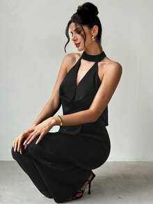 Firerie Women's Elegant Romantic Date Sexy Deep Draped Neck Backless Waist Flared Leg Jumpsuit, Suitable For Gala, Birthday, Party Dress - Black - View 5