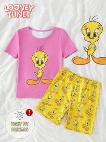 LOONEY TUNES X SHEIN GraphicGems 2pcs Tween Girl Summer Casual Cute Sleepwear Set, Pink And Yellow Duck Print Top Shorts, Knit Stretchy Fabric, Comfortable Loungewear Snug Fit Family - Multicolor - View 4