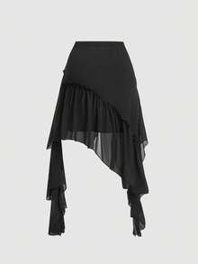 SHEIN MOD 大码女式不对称荷叶边下摆半身裙 - 黑色 - 查看 2