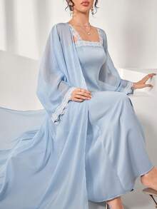 Al Najma Đầm hai dây ren thanh lịch ôm eo, phối cùng áo khoác cardigan mở phía trước, thích hợp cho mùa xuân/hè. - Màu xanh lam - Xem 1