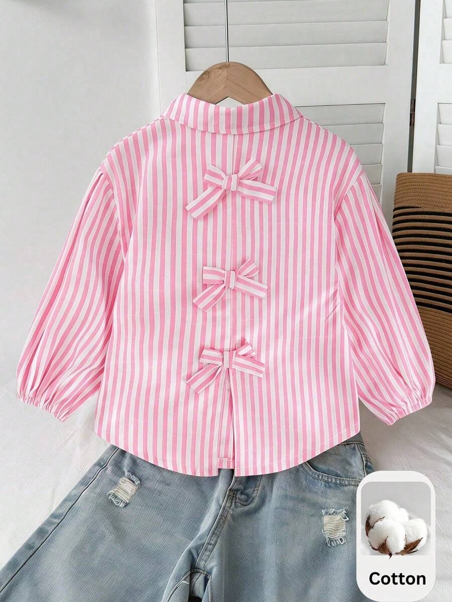 SHEIN Kids/Young Girls' Fashion Pink Striped Butterfly Decor Lantern Sleeve Shirt,White,Summer,School Back To School Casual Preppy Style Blouse - Pink - View 1