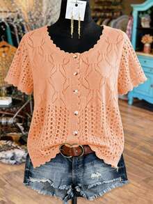 Linhara Plus Size Women Solid Color Knitted Round Neck Hollow Out Single-Breasted Short Sleeve Cropped Casual Lightweight Cardigan, Spring/Summer - Coral Orange - View 1