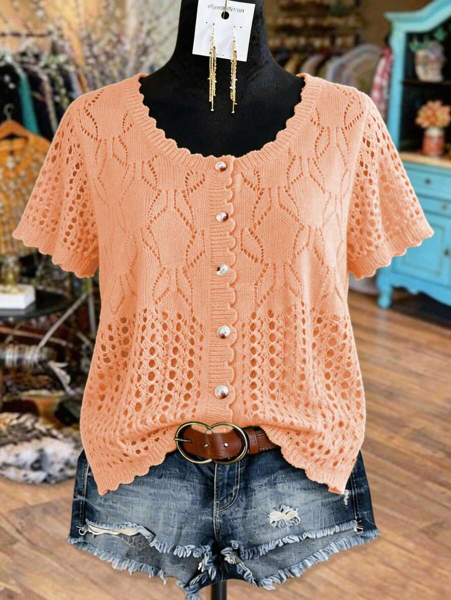 Linhara Plus Size Women Solid Color Knitted Round Neck Hollow Out Single-Breasted Short Sleeve Cropped Casual Lightweight Cardigan, Spring/Summer - Coral Orange - View 1