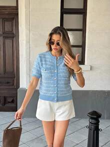SHEIN Button Front Tweed Looking Chick Elegant Sweater Knit Top - Baby Blue - View 4