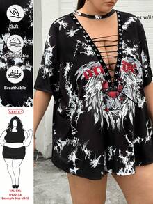 SHEIN CURVE+ 大码女式深V领短袖扎染性感T恤，适合约会、派对和其他场合 - 黑色 - 查看 7