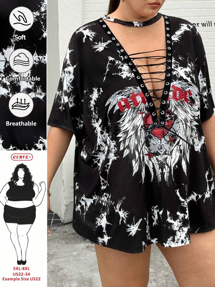 SHEIN CURVE+ Áo thun nữ cỡ lớn cổ chữ V sâu, tay ngắn, nhuộm màu tie-dye, gợi cảm, thích hợp cho hẹn hò, tiệc tùng và các dịp khác. - màu đen - Xem 1