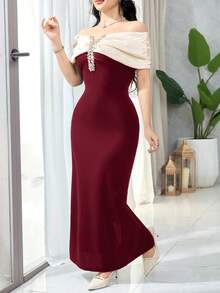 Feyla Women's Color Block Rhinestone Decor Off Shoulder Fitted Long Dress - Burgundy - View 4