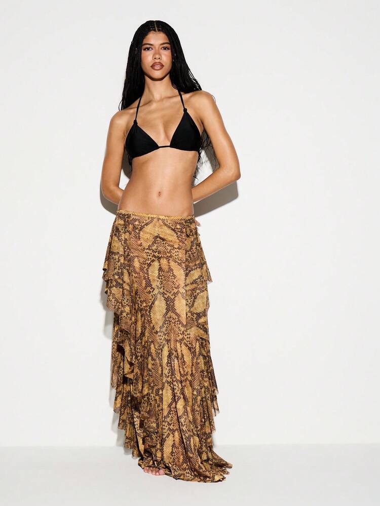 Snake Print Tiered Ruffle Maxi Skirt