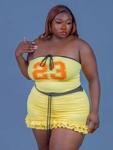 CurvyTilda 2pcs 2025 Spring/Summer New Streetwear & Sexy Style, Yellow No.23 Graphic, Fitted Knot Bandeau Top And Multi-Layer Ruffle Hem Mini Skirt, Plus Size Ladies 2 Pieces Set, For Hourglass Body Shape - Yellow - View 3