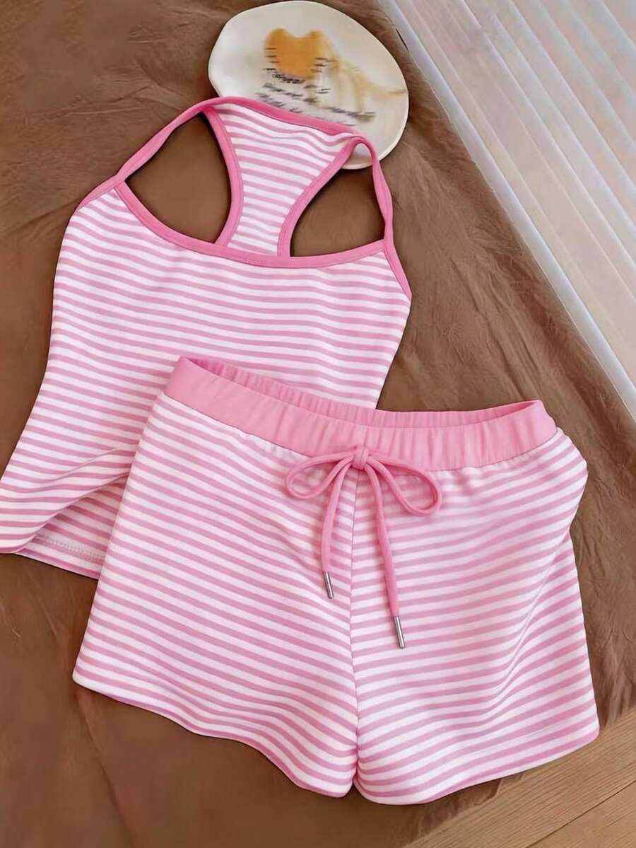 Franclia Plus Size Women Striped Halter Top And Shorts Casual 2 Pieces Set - Baby Pink - View 1