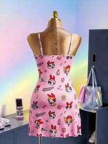 THE POWERPUFF GIRLS X SHEIN 女士可爱卡通印花系带吊带睡裙，夏季 - 粉色 - 查看 2