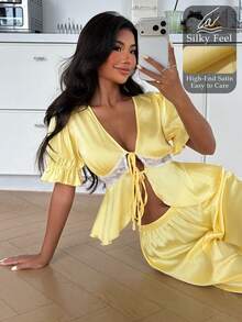 Livesso Women's Comfortable Casual Satin & Lace Patchwork Tie Cuff Blouse And Loose Pants Pajama Set Summer - Yellow - View 4