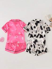 SHEIN Playful Pals 女童奶牛爱心睫毛印花翻领仿丝短裤套装，家居服 - 彩色 - 查看 2