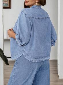 EMERY ROSE EMERY ROSE Plus Size Simple Casual Turn-Down Collar Denim Top Suitable For Daily Wear - Light Wash - View 2