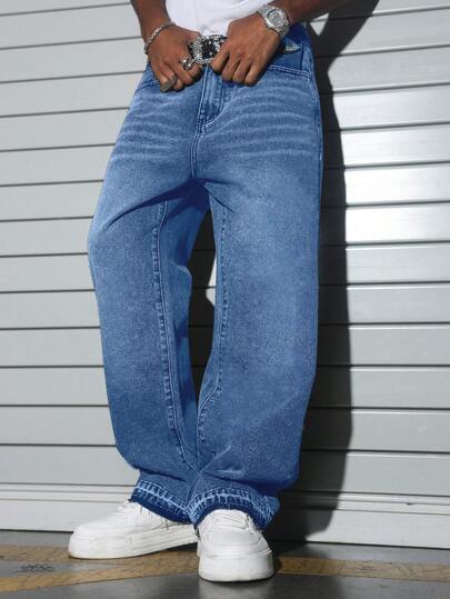 Manfinity EMRG Men's Casual Commuter Pants, Loose Straight Wide Leg Cement Gray Washed Design