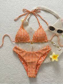 Swim Mod Conjunto de bikini y tanga triangular con estampado completo y cuello de halter de moda para mujer, ideal para la playa de verano - Naranja - Ver 2